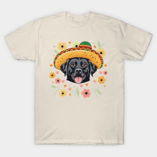 Black Labrador Ready For Fiesta Time Wearing Sombrero Design T-Shirt